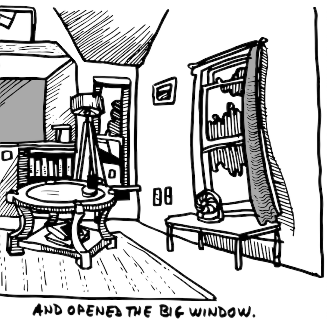 comic art of open living room window