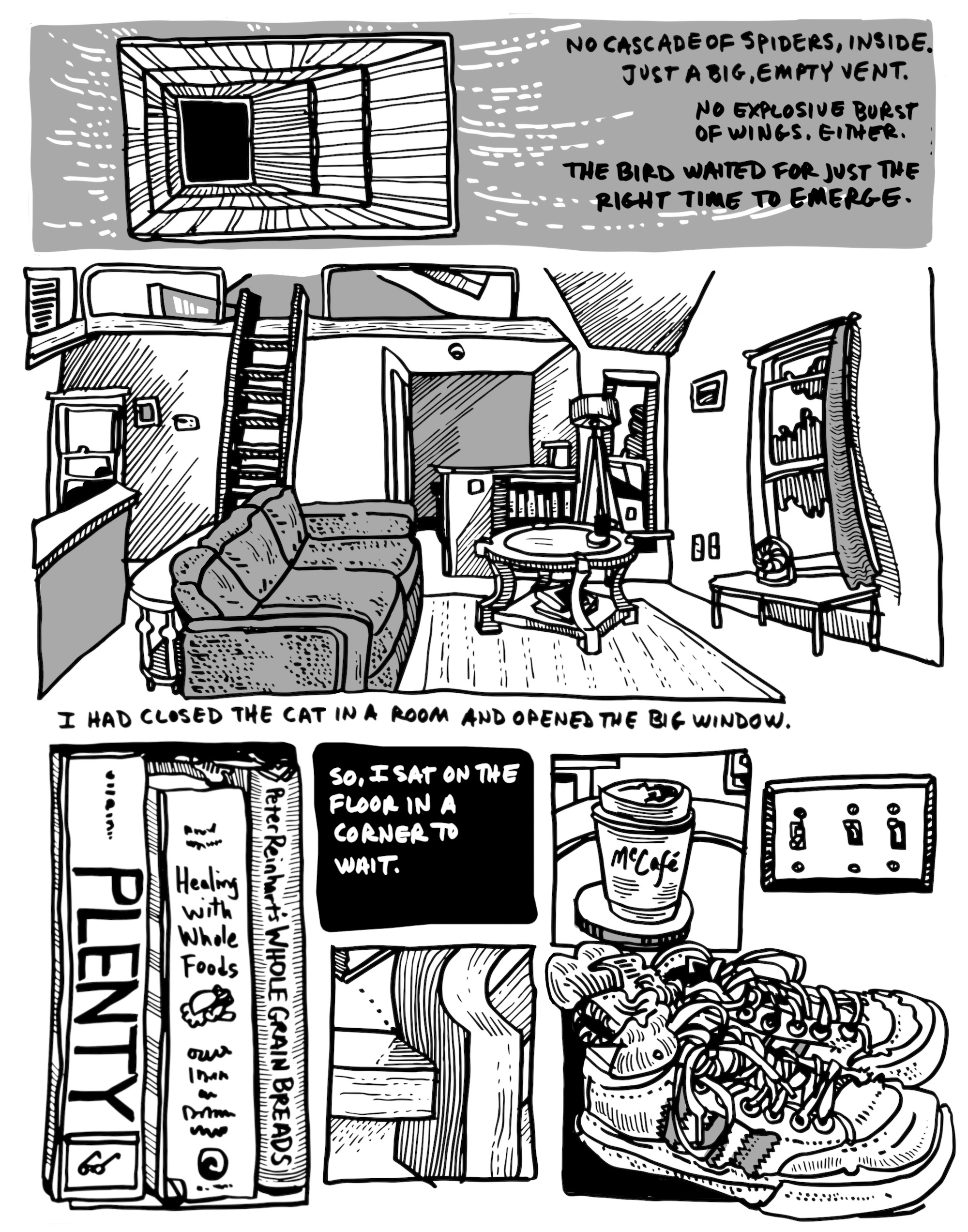 full comics page about a bird that gets in the house